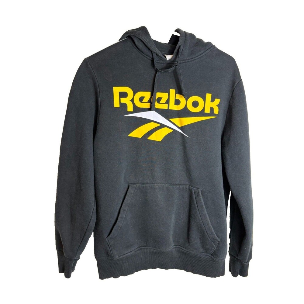 Reebok Classic Hoodie Black Yellow Logo Pullover Sweatshirt Men’s Size Large
